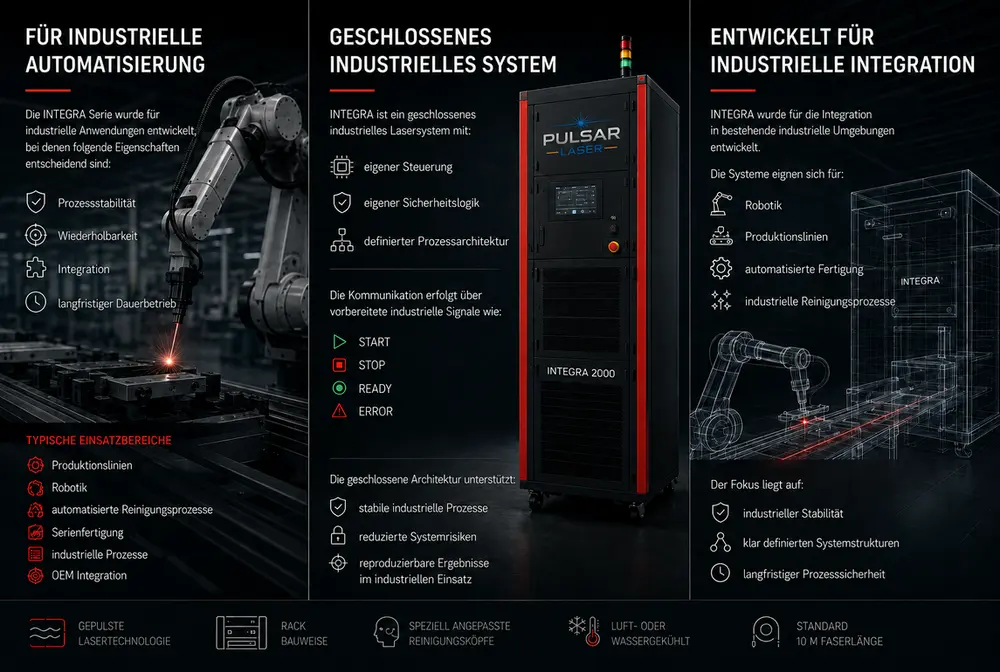 Find out more about our INTEGRA pulsed laser cleaning system, available in 300 W, 500 W, 1000 W and 2000 W versions, with water- or air-cooling depending on the power rating. Suitable for robotic integration